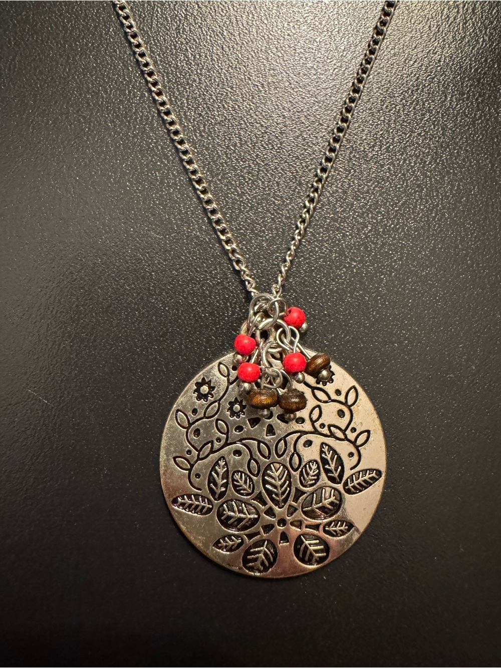 Boho Silver Tone Botanical Medallion Necklace Red Beads - 38”